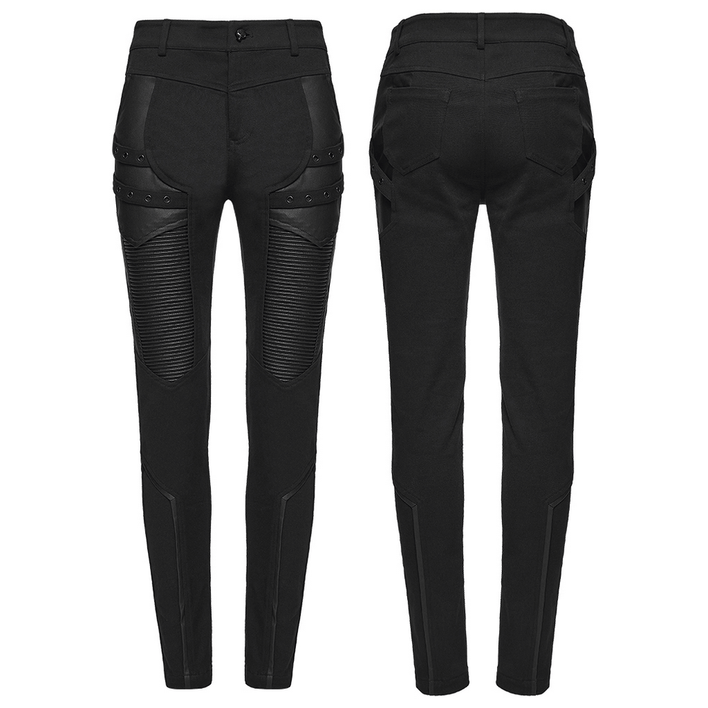 Gothic Punk Techwear Pants with Leather Panel Details showcasing sleek design and edgy style from front and back.