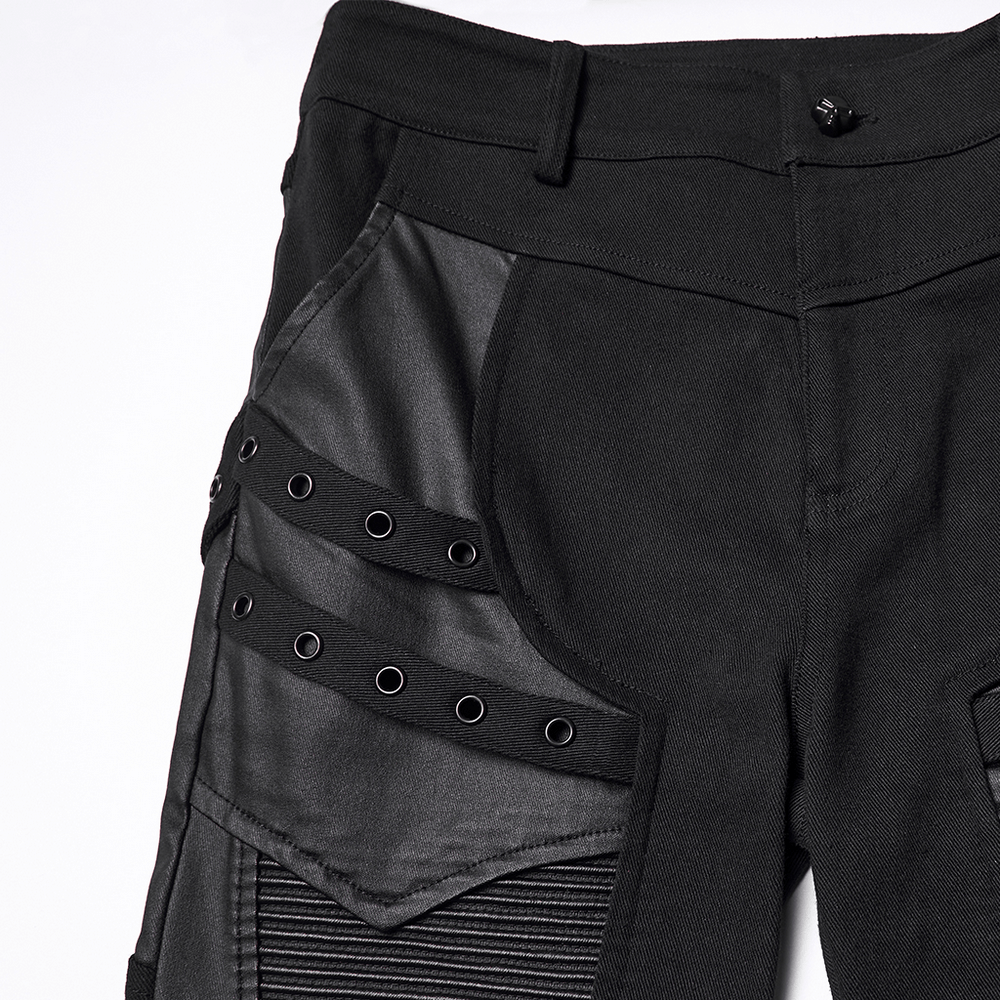 Gothic Punk Techwear Pants with Leather Panel Details showcasing sleek black fabric and eye-catching paneling.