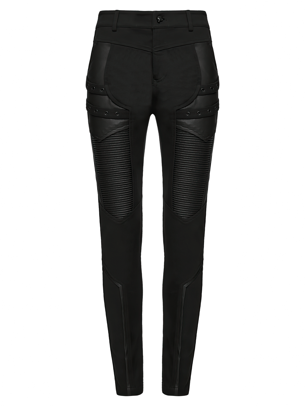 Gothic Punk Techwear Pants with Leather Panel Details in sleek black design with stylish paneling and texture.