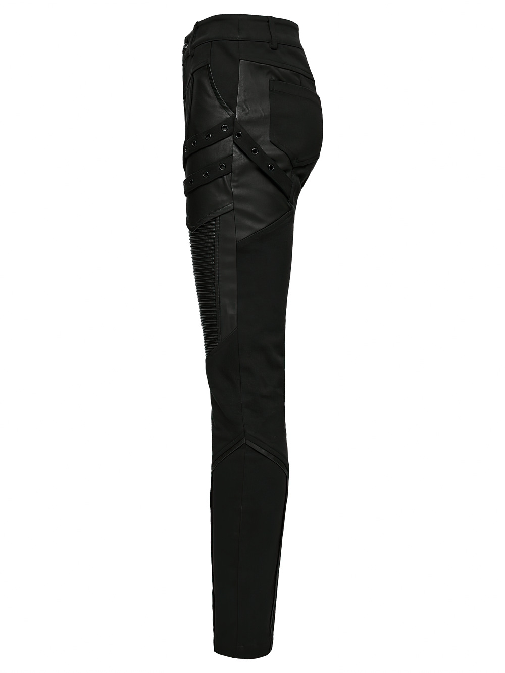 Gothic Punk Techwear Pants with Leather Panel Details side view showcasing unique design and edgy style.