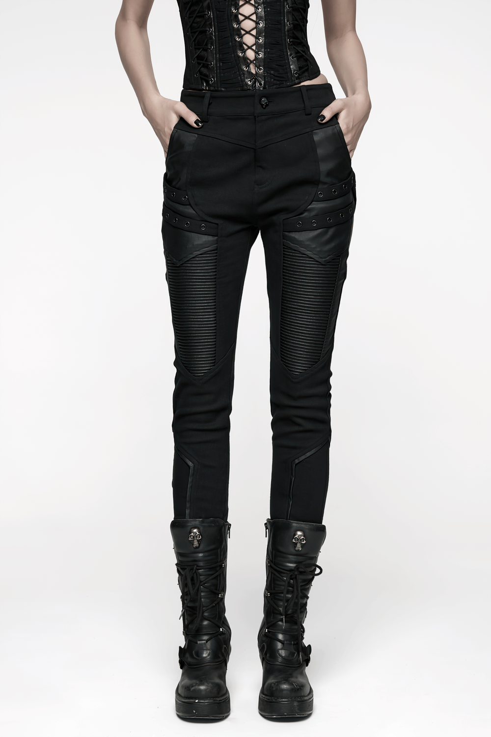 Gothic Punk Techwear Pants with Leather Panel Details showcasing a stylish design and bold leather accents.