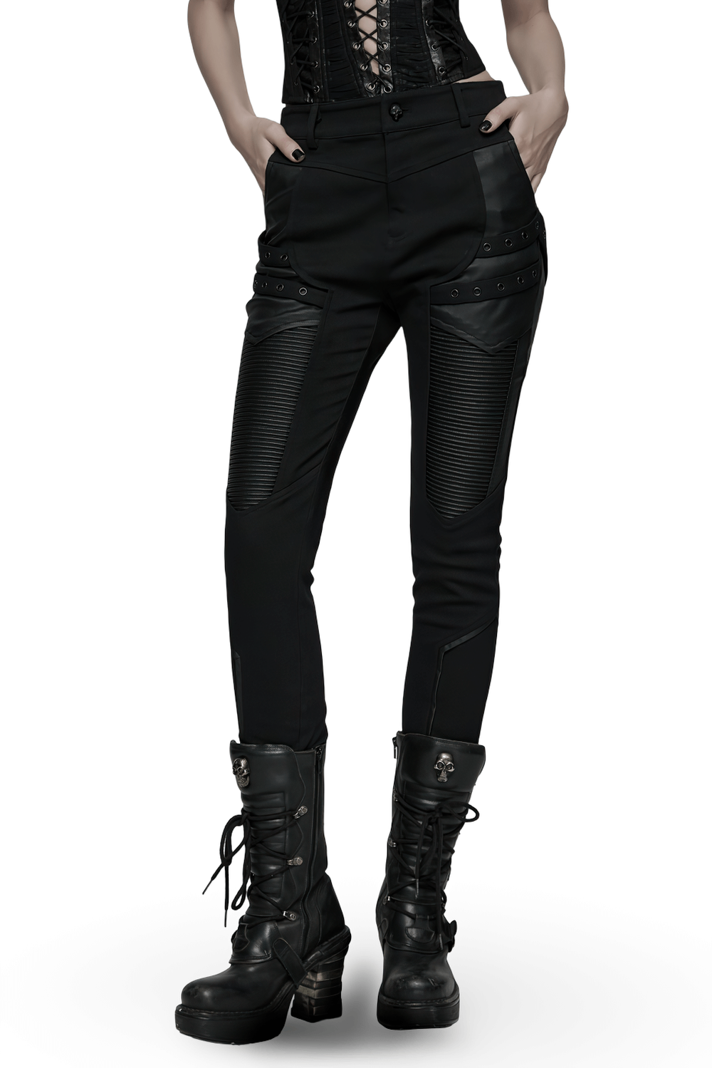 Gothic Punk Techwear Pants with Leather Panel Details featuring sleek designs and studs.