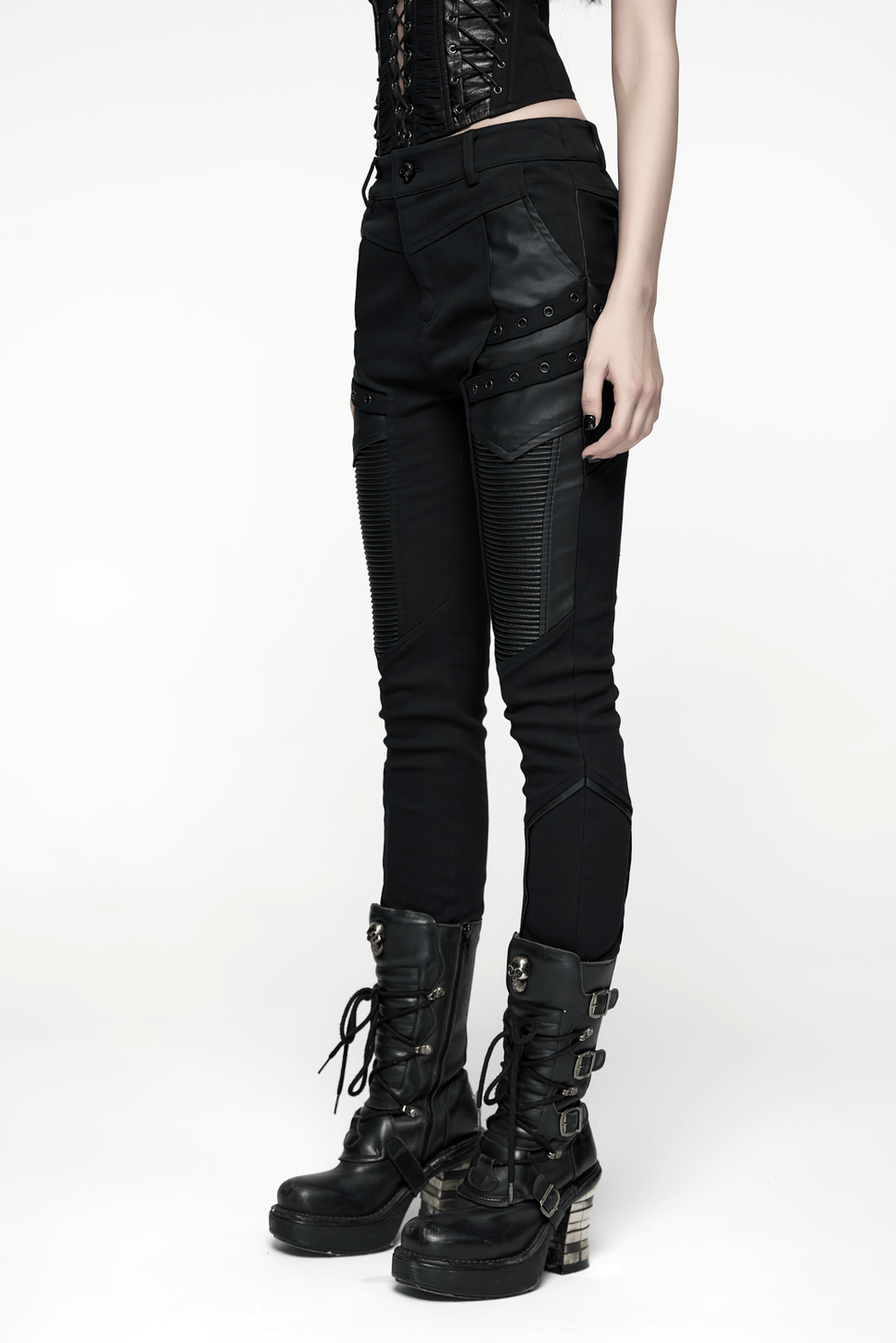 Gothic Punk Techwear Pants with Leather Panel Details showcased on a model wearing stylish combat boots.