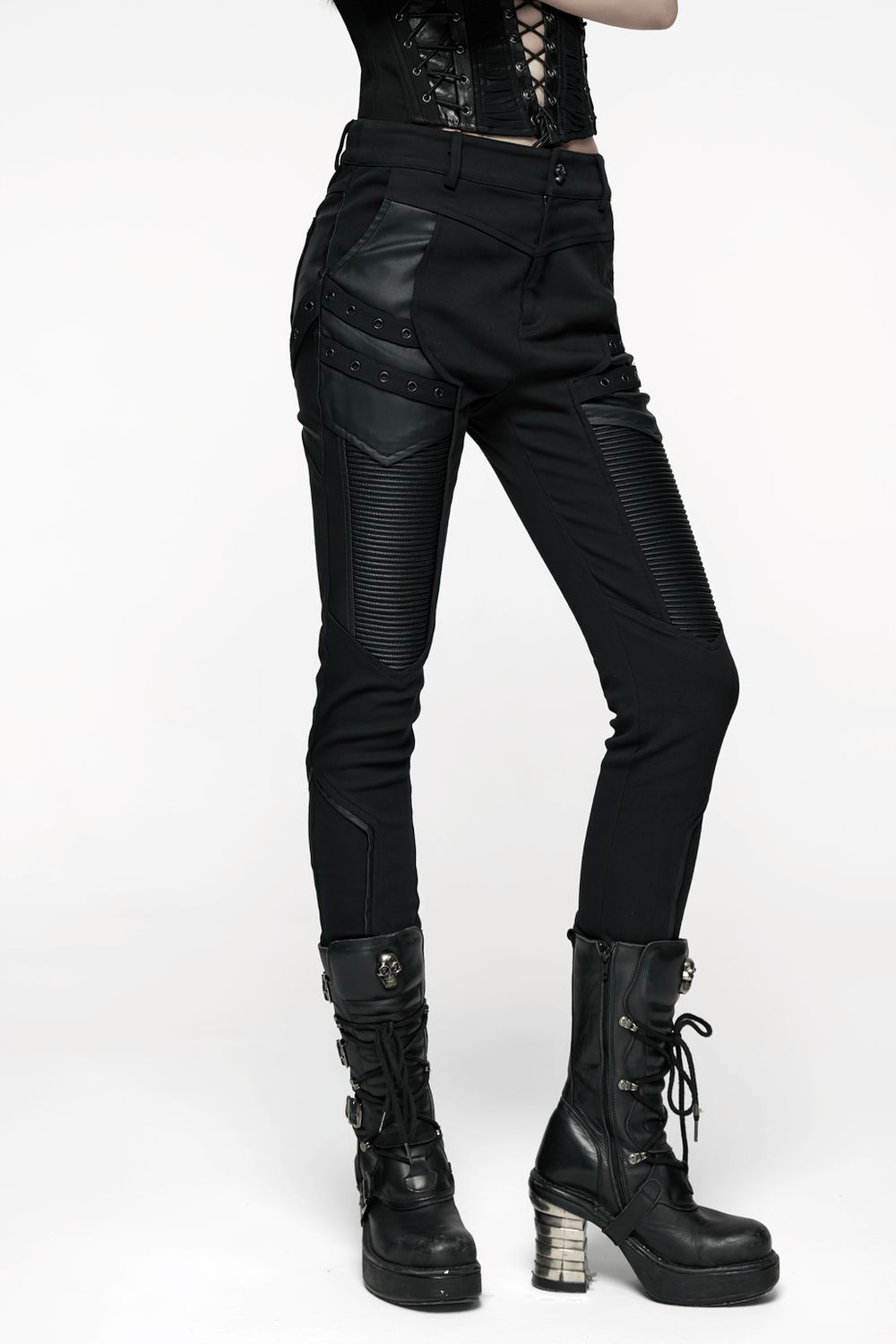 Gothic Punk Techwear Pants with Leather Panel Details showcased on a model against a clean background.