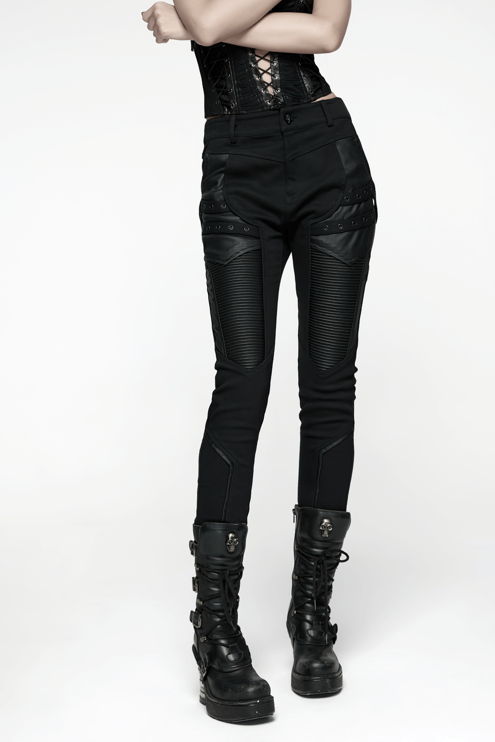 Gothic Punk Techwear Pants with Leather Panel Details displayed on a model, featuring stylish design elements.