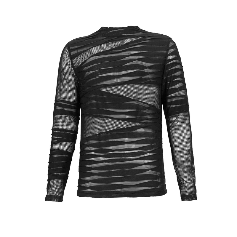 Men's gothic punk transparent long sleeve top with irregular stripes in black, perfect for edgy fashion lovers.