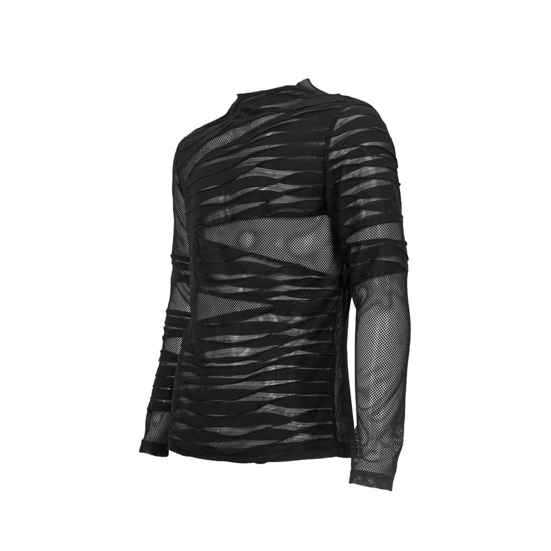 Gothic punk transparent long sleeve black top with irregular stripes for men, stylish and modern cut.