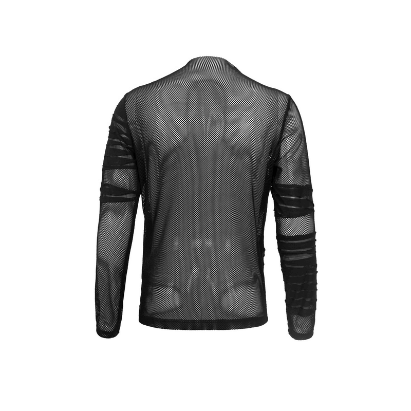 Men's gothic punk long sleeve black top, transparent mesh back with stylish irregular striped details.