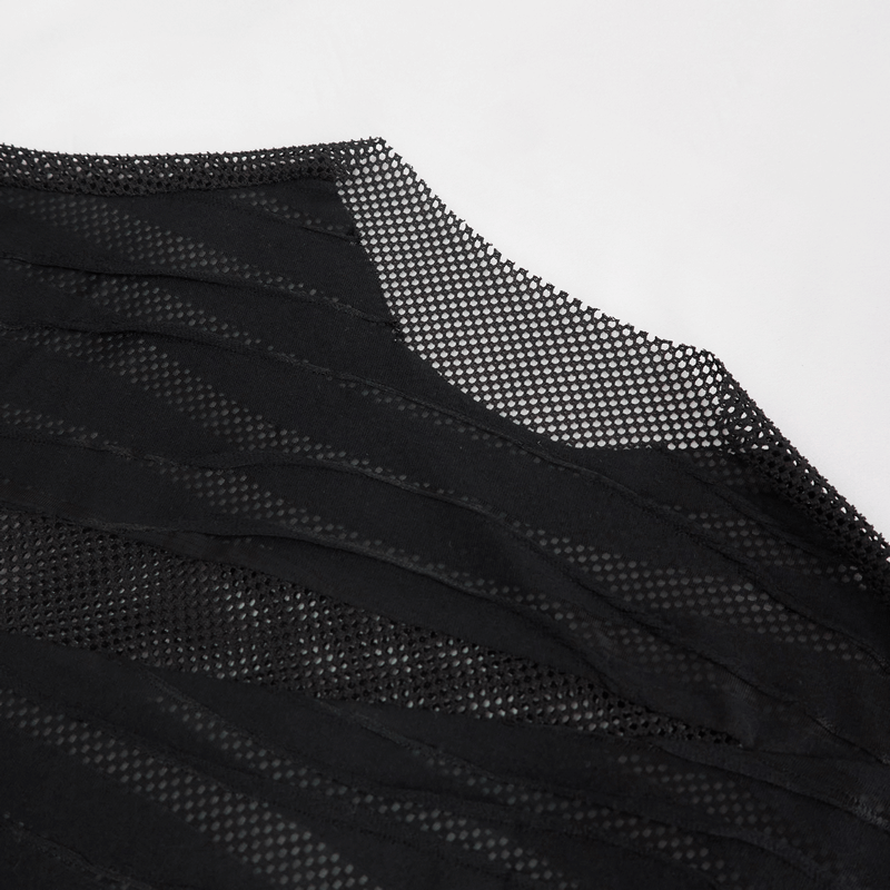 Stylish black gothic punk top showcasing irregular striped mesh design and modern cut for men.