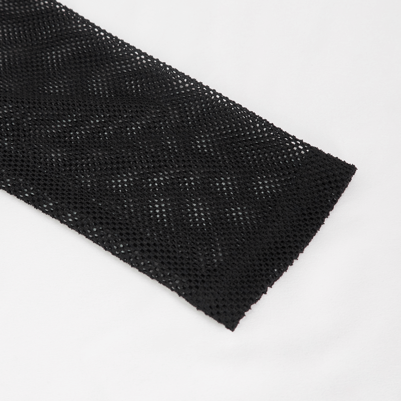 Close-up of the mesh fabric of a Gothic Punk transparent top, showcasing stylish black irregular stripes.
