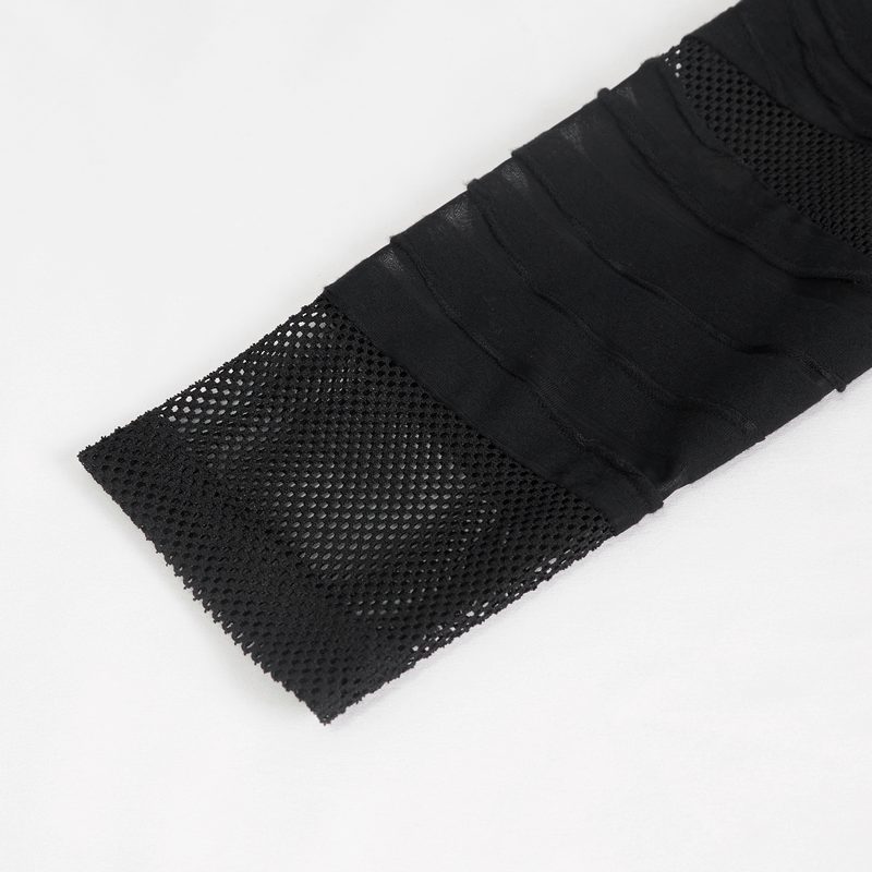 Close-up of black gothic punk top featuring decorative layered and mesh sleeve design.