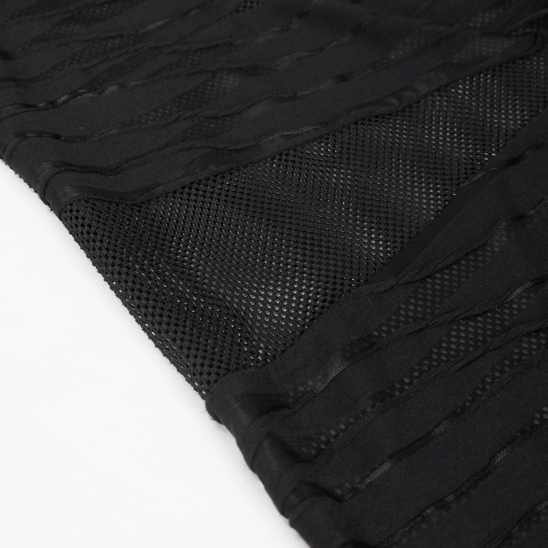 Close-up of gothic punk transparent black top with irregular striped design and mesh fabric details
