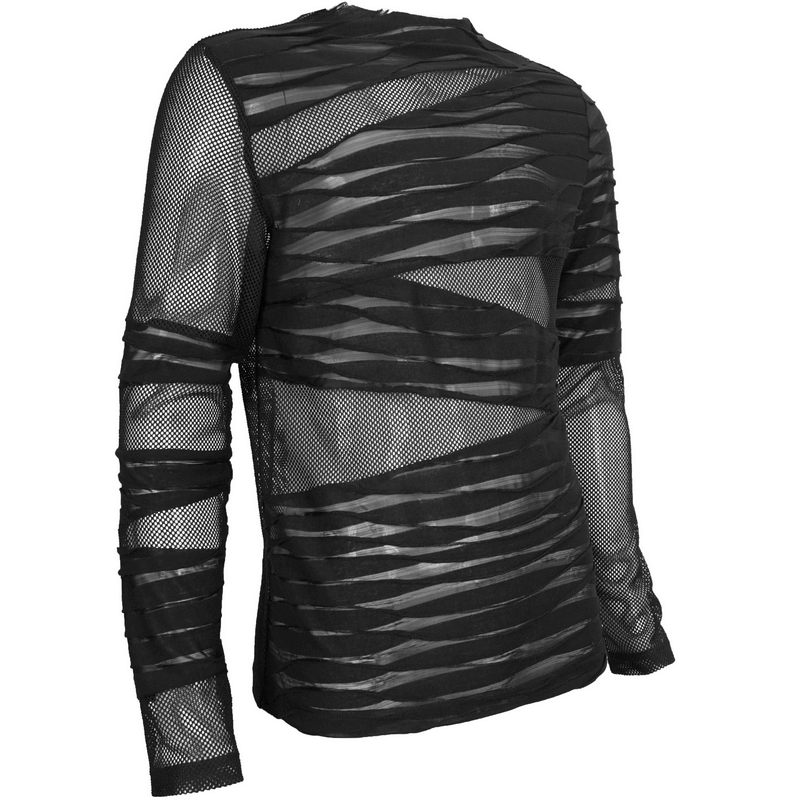 Men's gothic punk black top featuring transparent stripes and long sleeves, perfect for a stylish wardrobe update.