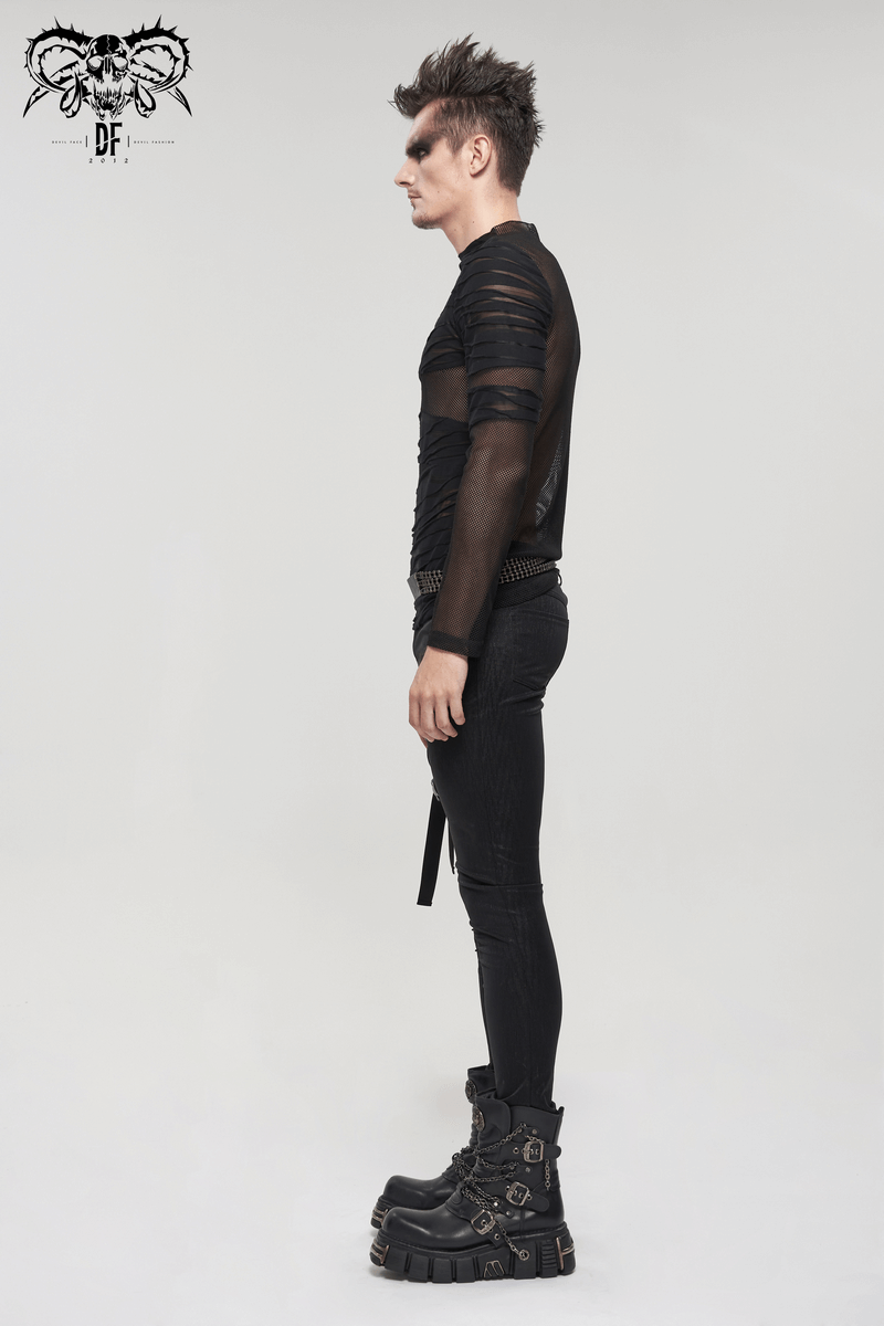 Stylish male model showcasing a gothic punk black transparent long sleeve top with irregular stripes.