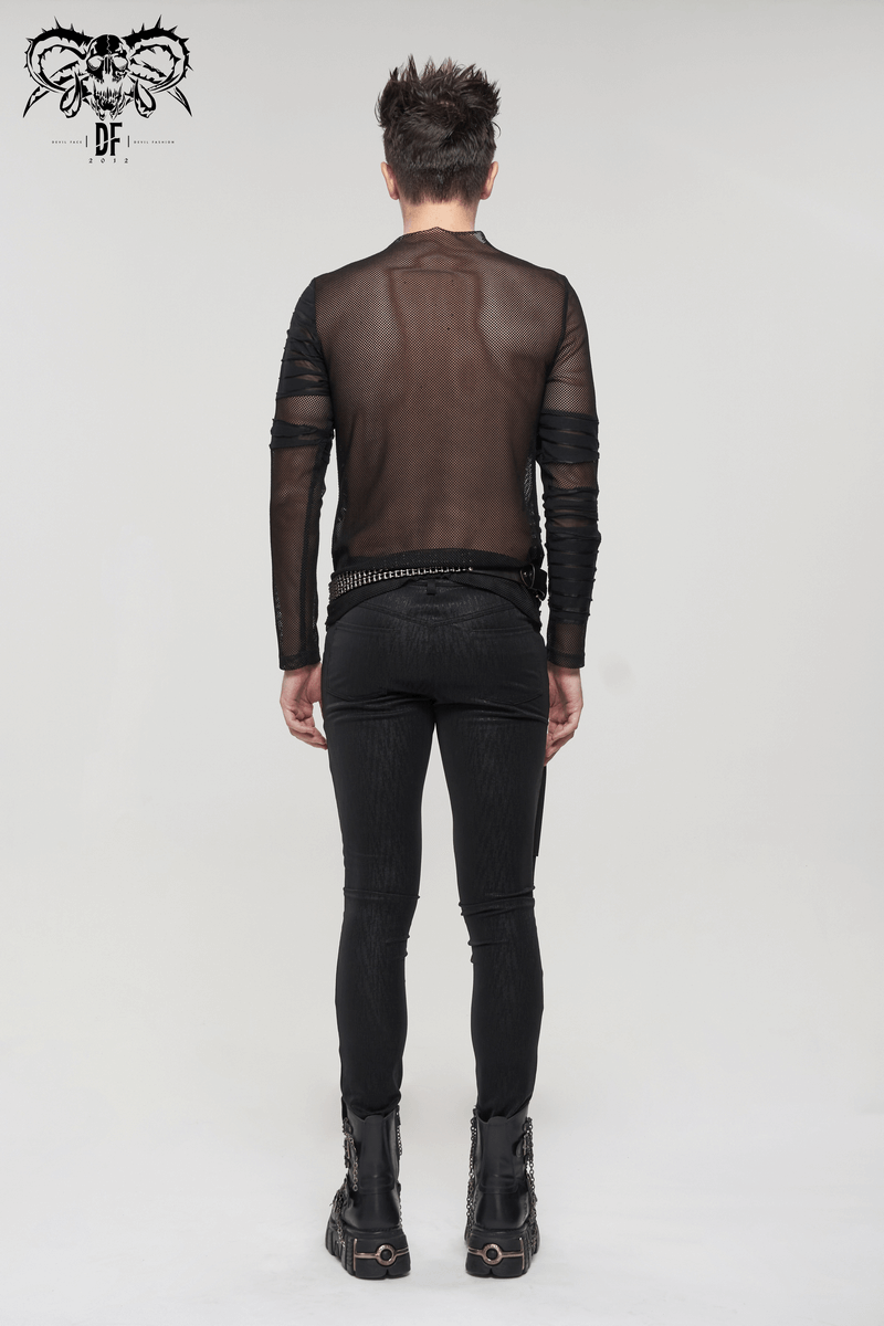Gothic punk transparent top showing back view; stylish men's long sleeve black top for modern fashion enthusiasts.