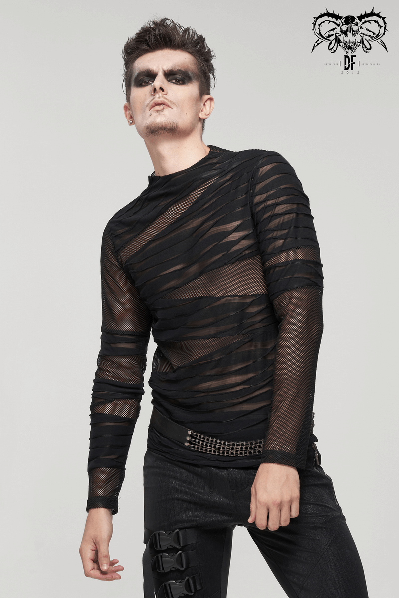 Gothic punk transparent black top with irregular stripes on a stylish male model.