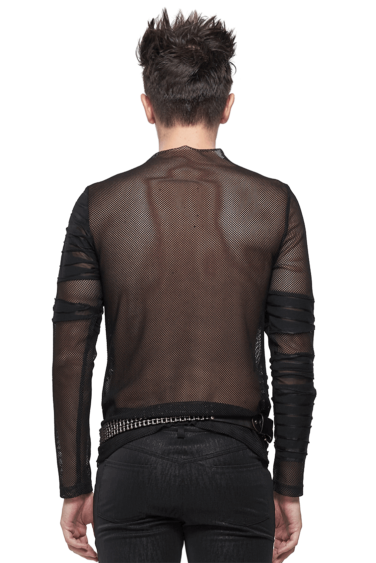 Gothic Punk Transparent Top with Irregular Striped / Male Long Sleeve Black Top - HARD'N'HEAVY