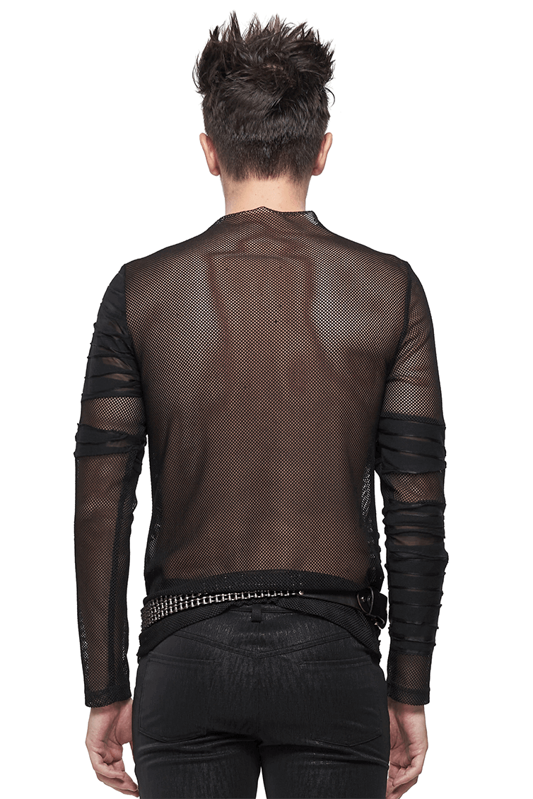 Back view of a stylish male in a gothic punk transparent black long sleeve top, showcasing modern design and unique striped details.