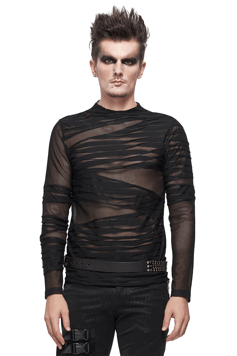 Gothic Punk Transparent Top with Irregular Striped / Male Long Sleeve Black Top - HARD'N'HEAVY