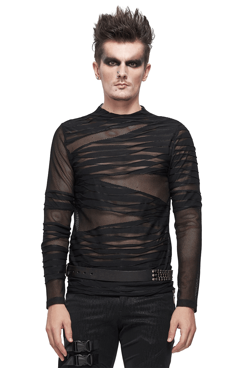 Gothic punk transparent long sleeve black top with irregular stripes, styled for a modern edgy look.