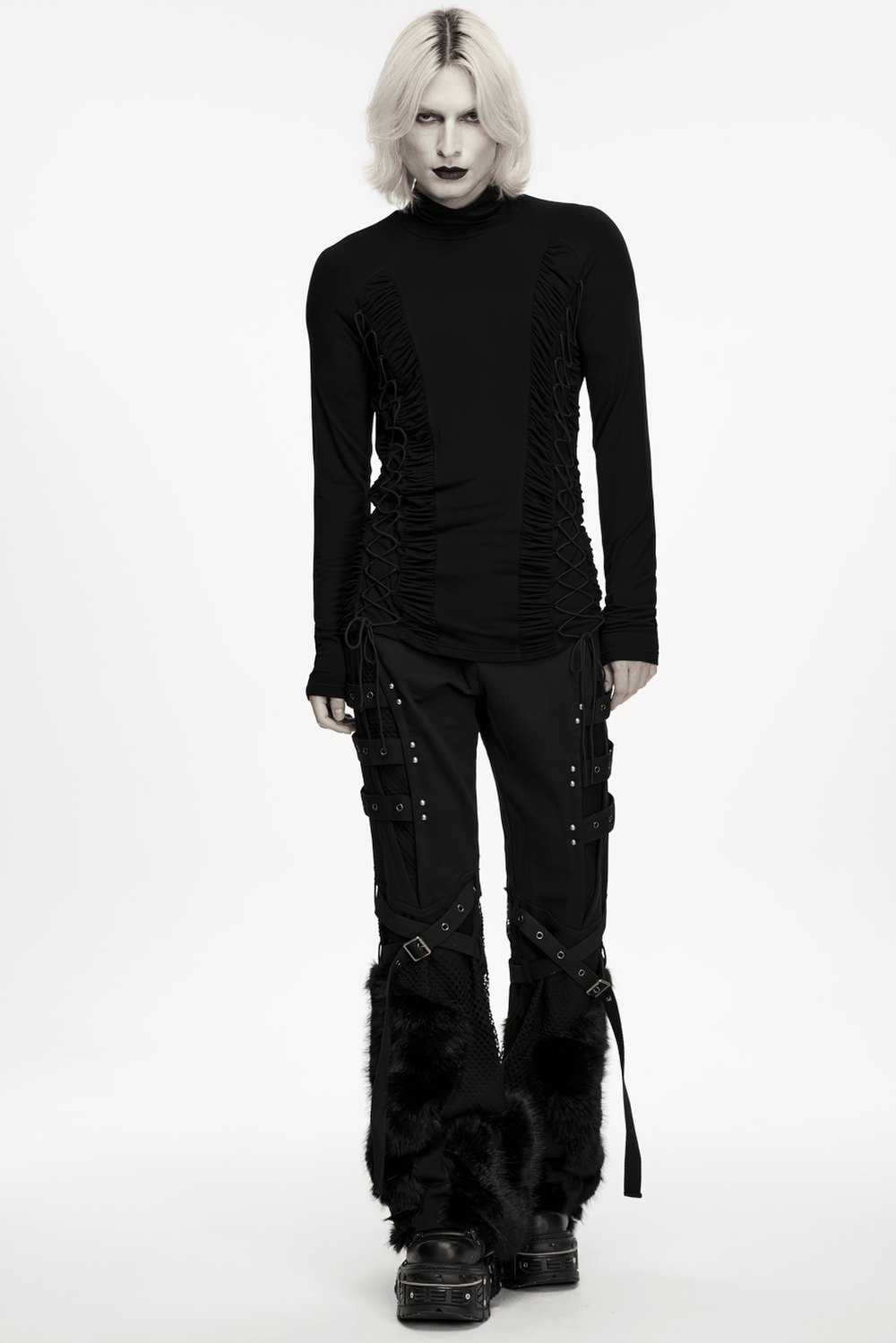 Gothic Punk Turtleneck Top with Ruched Side Lacing black high-neck long sleeve fitted dark base layer