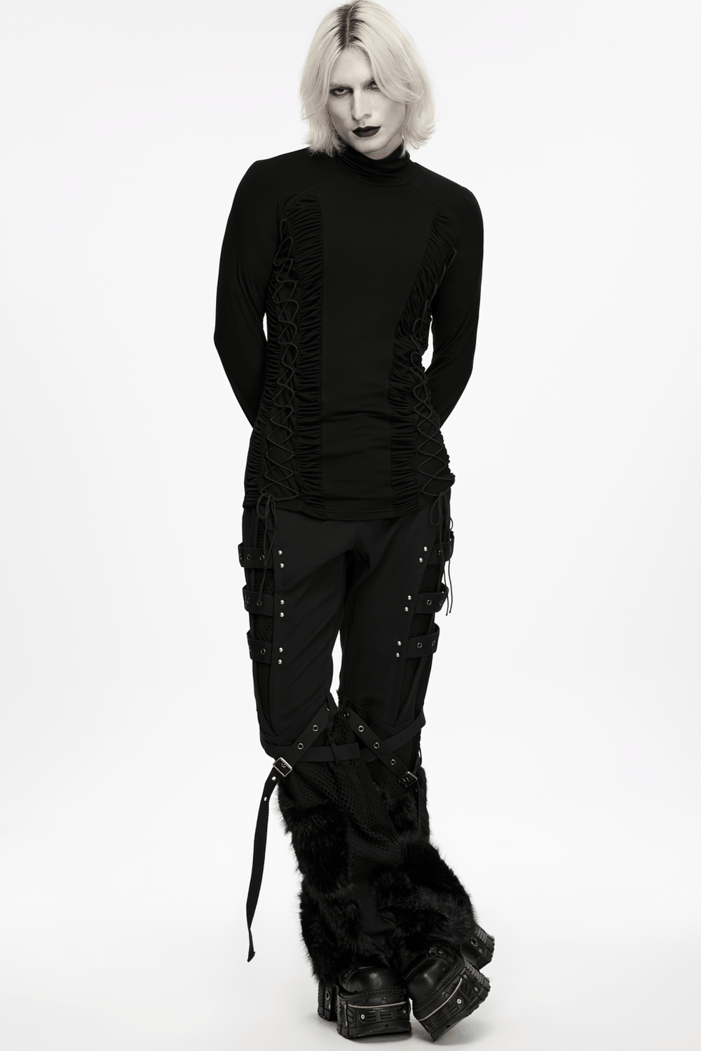 Gothic Punk Turtleneck Top with Ruched Side Lacing black long-sleeve fitted dark fashion base layer
