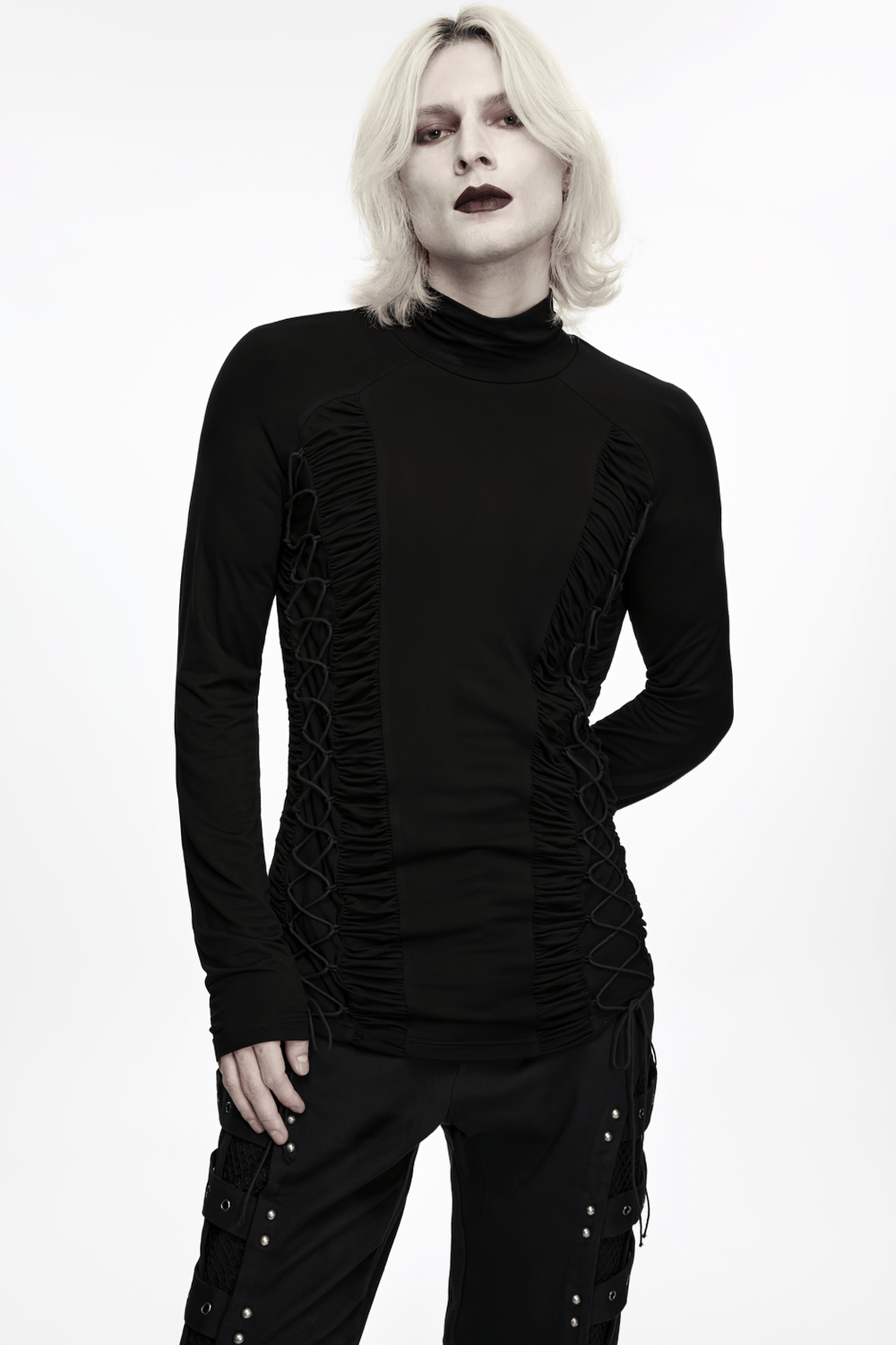 Gothic Punk Turtleneck Top with Ruched Side Lacing, black long-sleeve fitted top with corset-inspired sides
