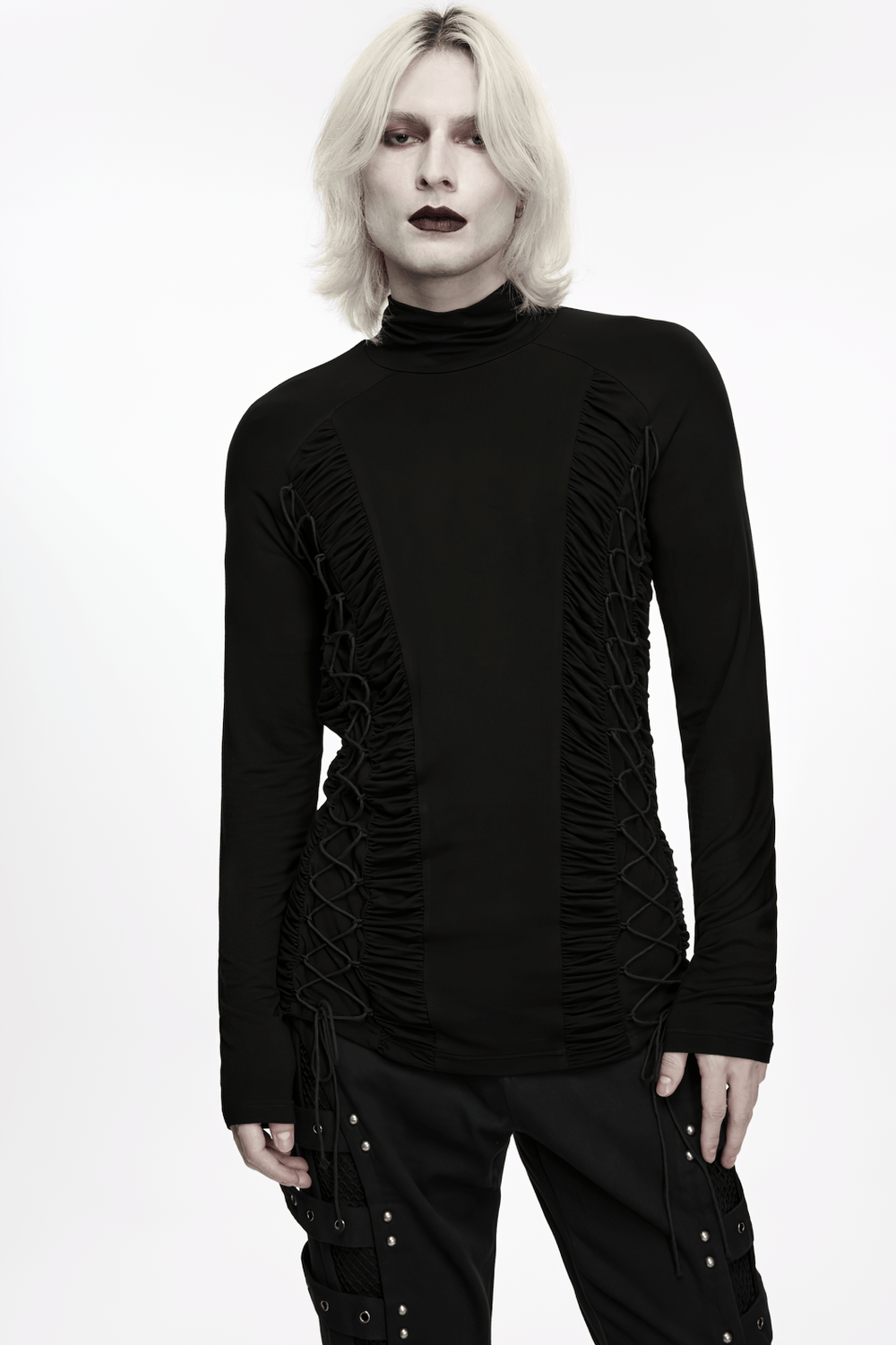 Gothic Punk Turtleneck Top with Ruched Side Lacing black long sleeve high neck base layer