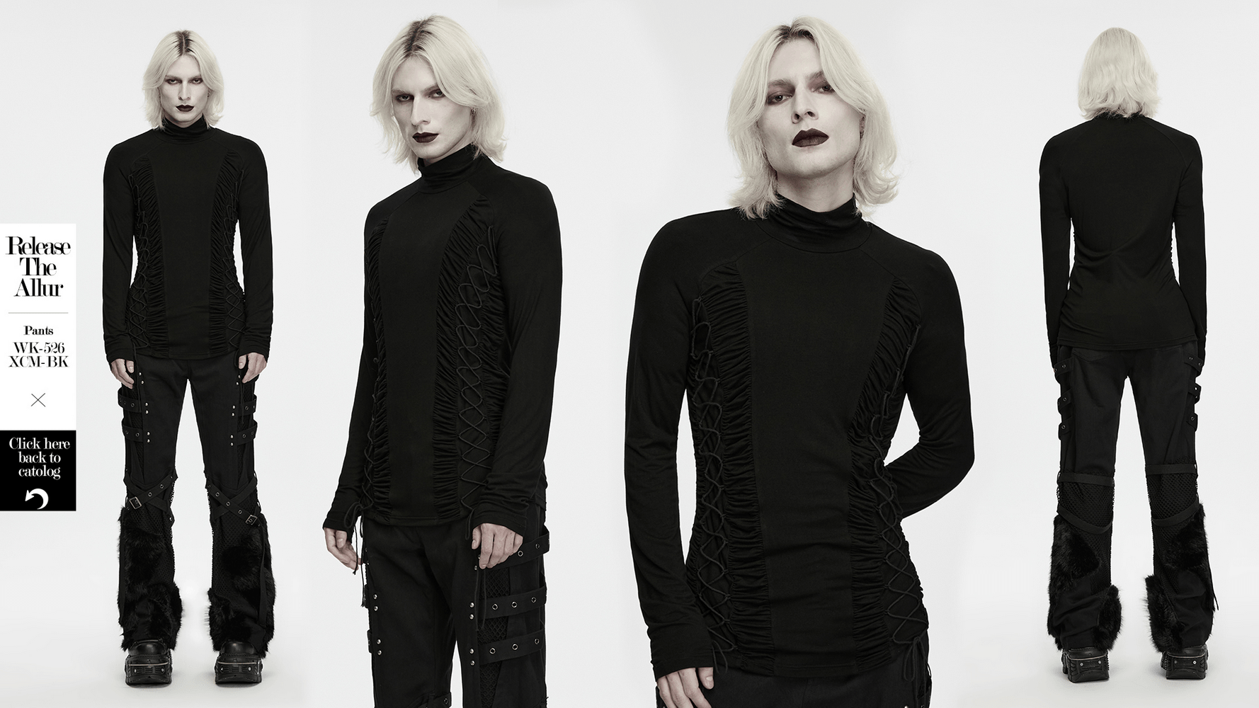 Gothic Punk Turtleneck Top with Ruched Side Lacing black stretch long sleeve gothic top with corset-style lacing