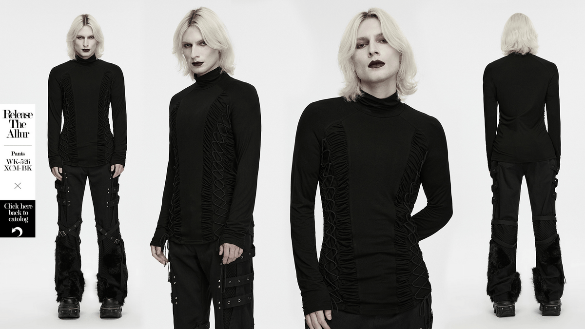 Gothic Punk Turtleneck Top with Ruched Side Lacing black stretch long sleeve gothic top with corset-style lacing
