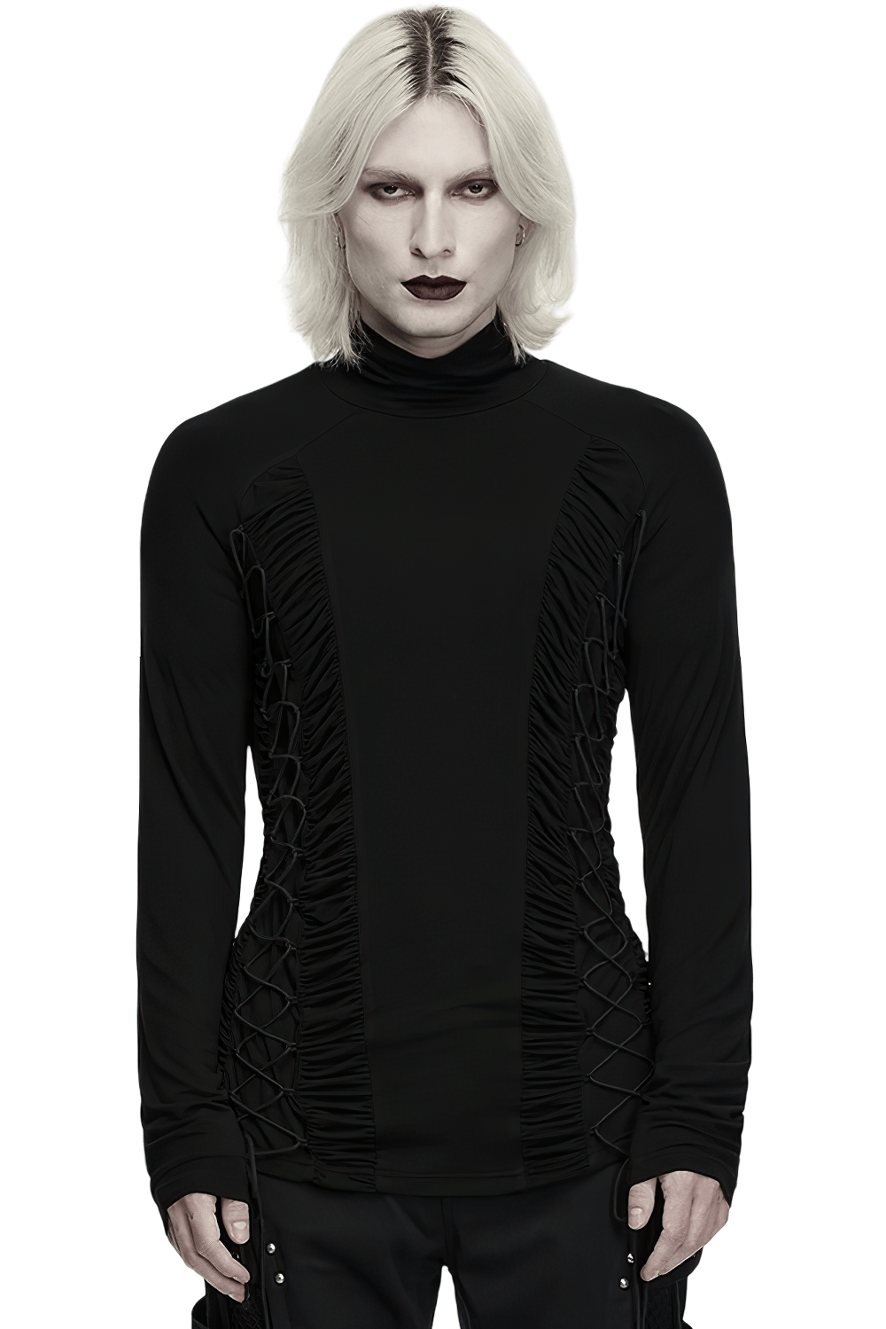 Gothic Punk Turtleneck Top with Ruched Side Lacing, black high-neck long sleeve top with corset sides