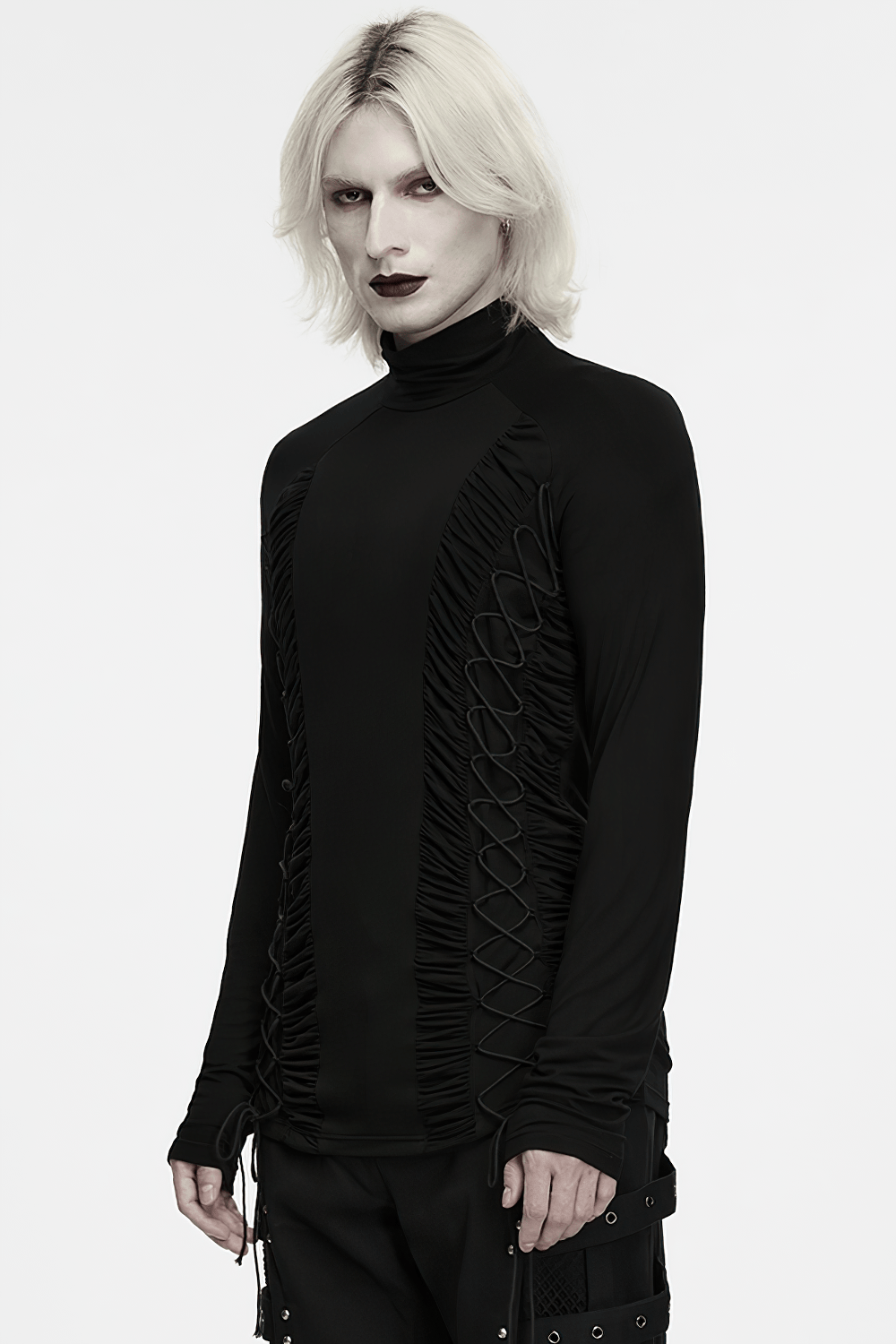 Gothic Punk Turtleneck Top with Ruched Side Lacing black fitted long sleeve top with corset-style lace-up sides