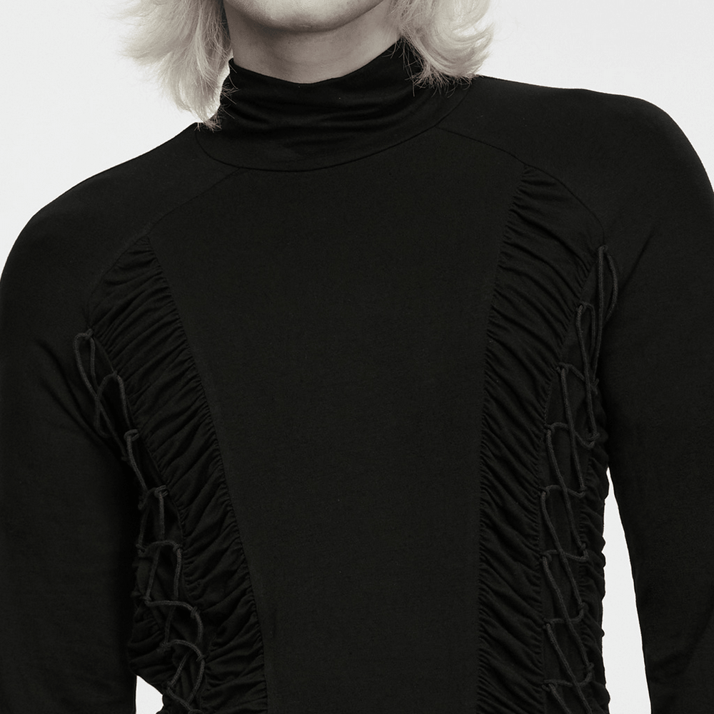 Gothic Punk Turtleneck Top with Ruched Side Lacing black long-sleeve high-neck gothic base layer with corset-style sides