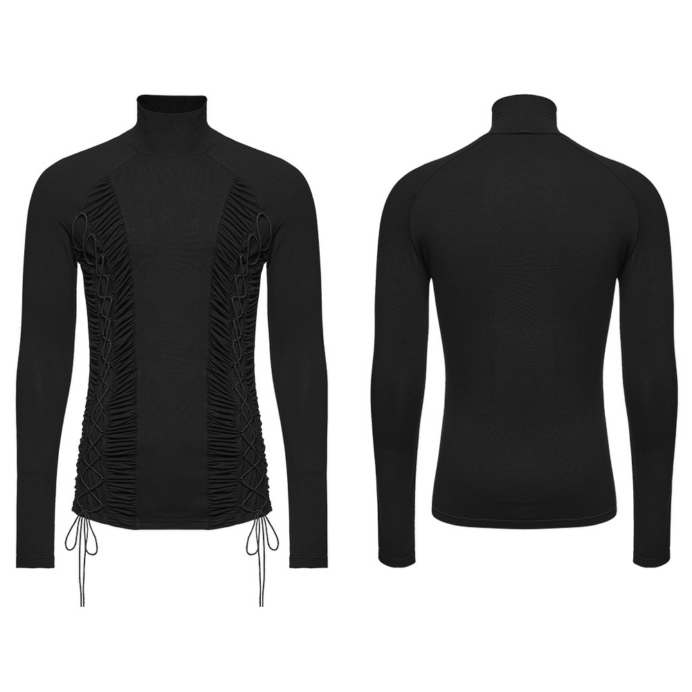 Gothic Punk Turtleneck Top with Ruched Side Lacing black front and back, stretchy long sleeve corset-style base layer