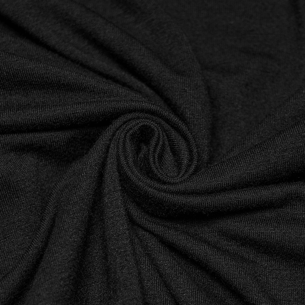 Gothic Punk Turtleneck Top with Ruched Side Lacing, black stretchy knit fabric close-up