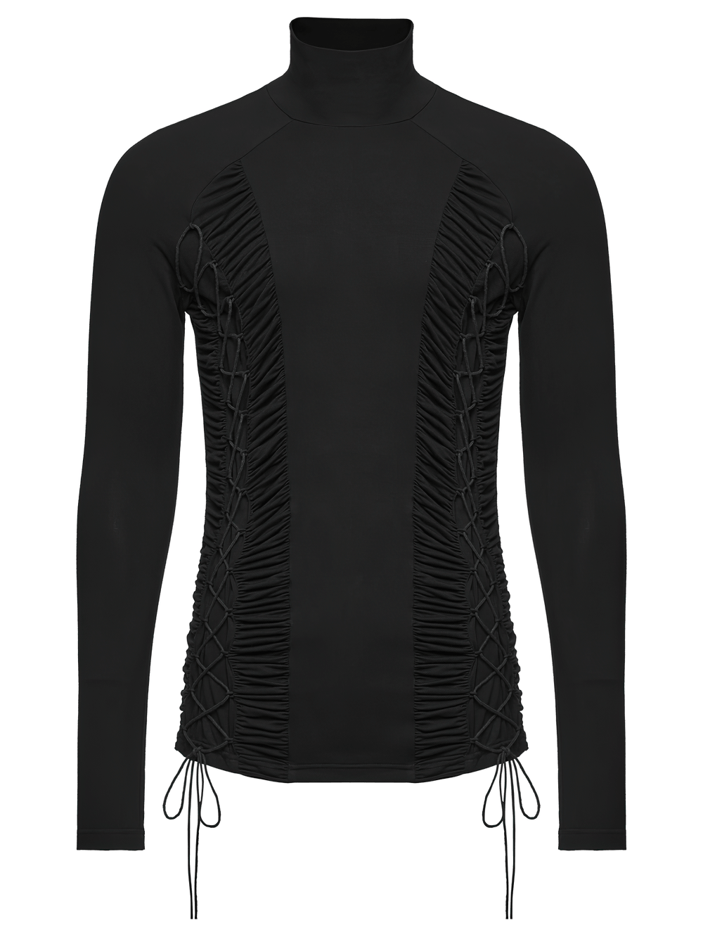 Gothic Punk Turtleneck Top with Ruched Side Lacing black high-neck long-sleeve base layer with corset sides