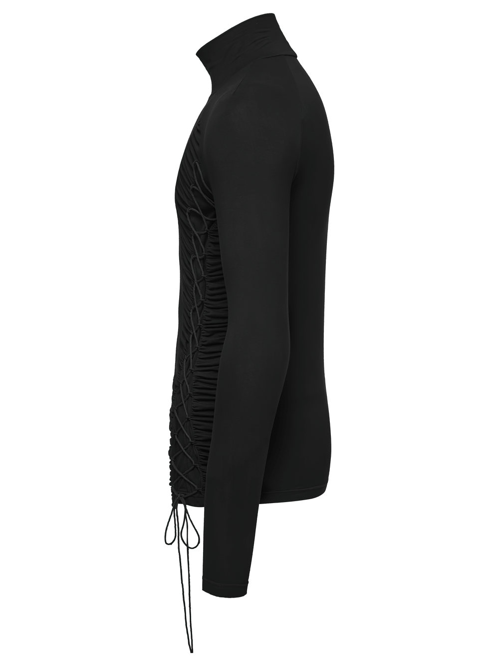 Gothic Punk Turtleneck Top with Ruched Side Lacing black side view, stretchy high-neck long sleeve base layer with adjustable hem ties