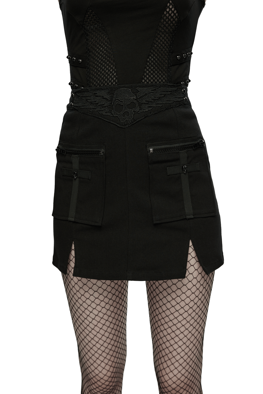 Gothic Punk Twill Mini Skirt with Zip Cargo Pockets showcasing skull embroidery and stylish slits.