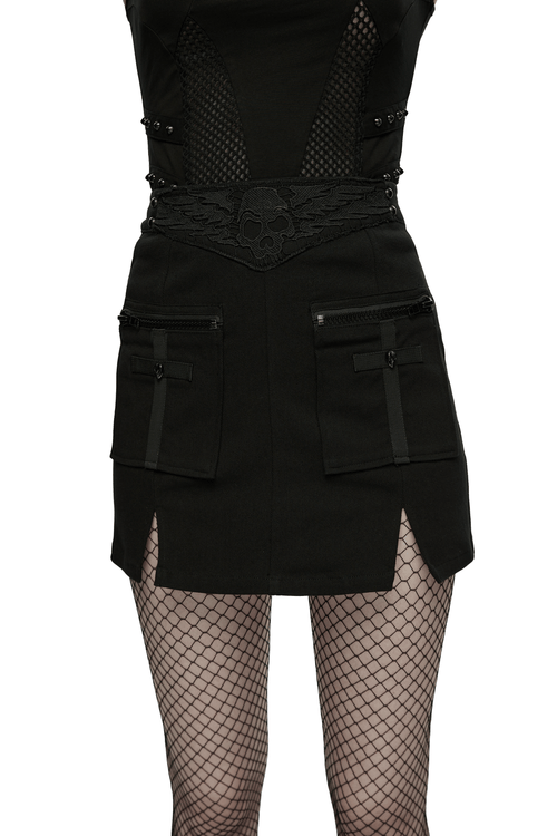 Gotische Punk-Twill-Minirock mit Reißverschluss-Cargotaschen