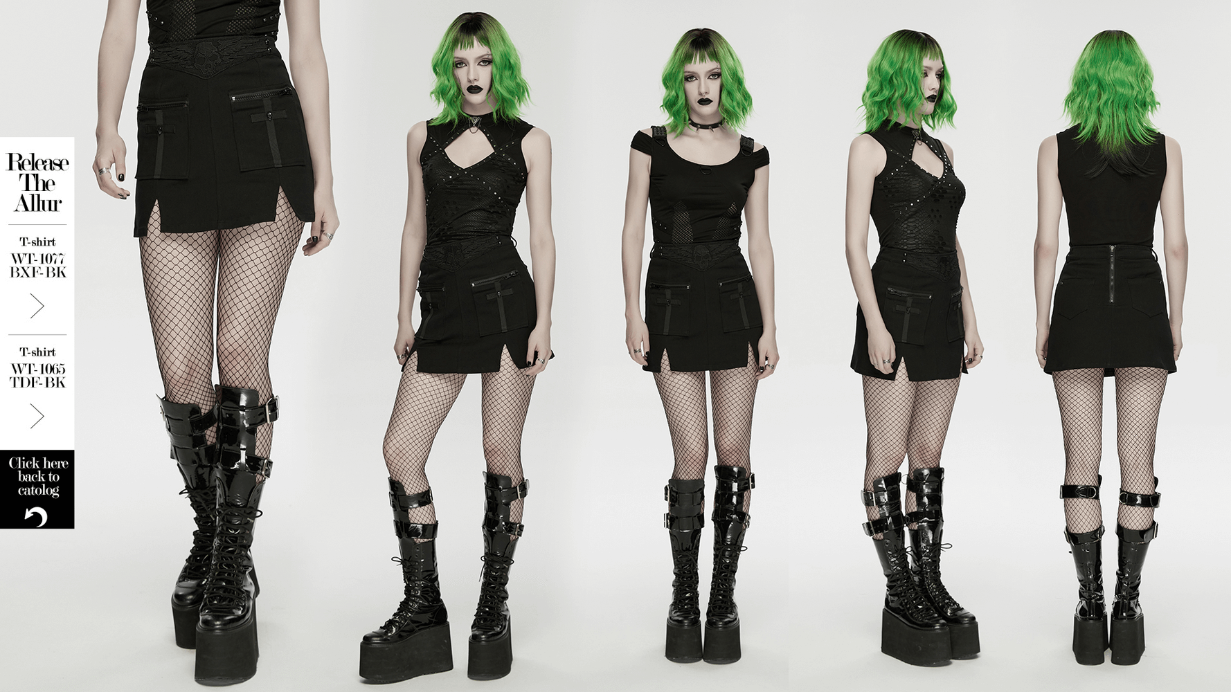 Gothic Punk Twill Mini Skirt with Zip Cargo Pockets shown with fishnet tights and platform boots, embracing punk style.