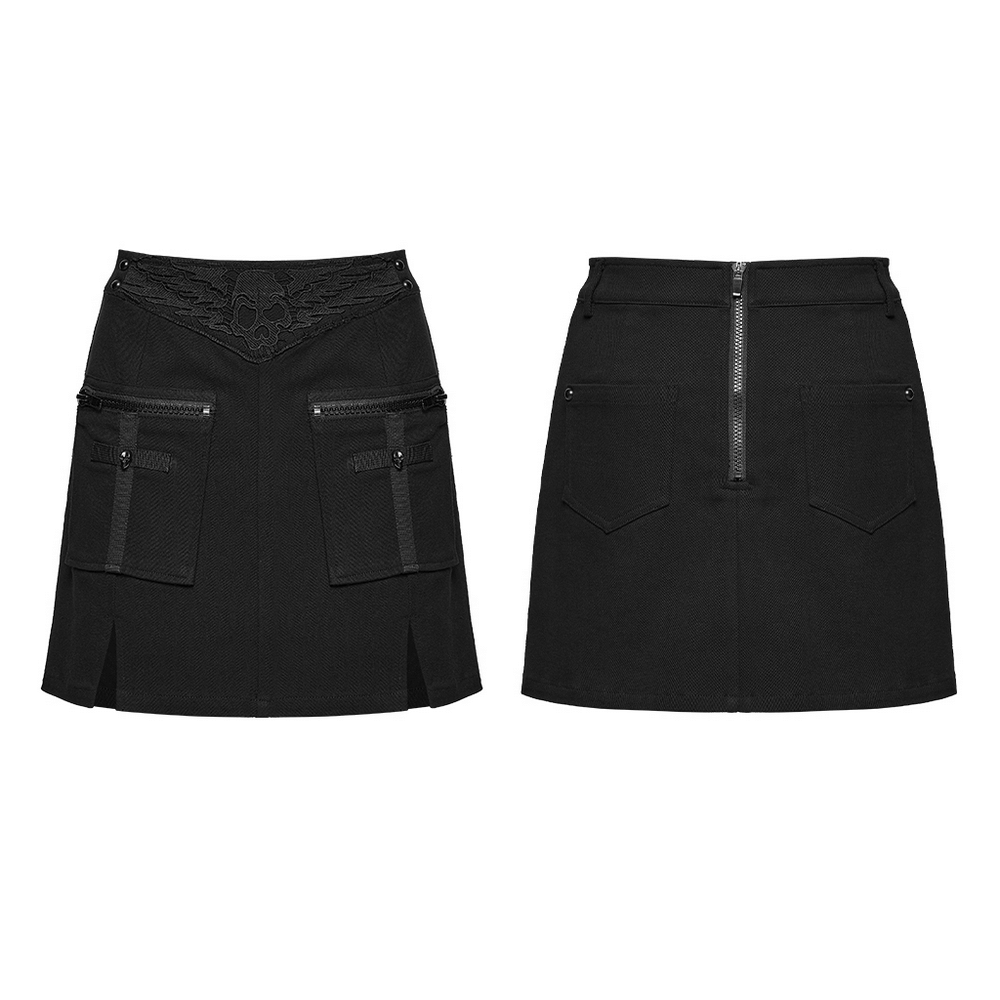 Gothic Punk Twill Mini Skirt with Zip Cargo Pockets featuring skull embroidery and oversized pockets.