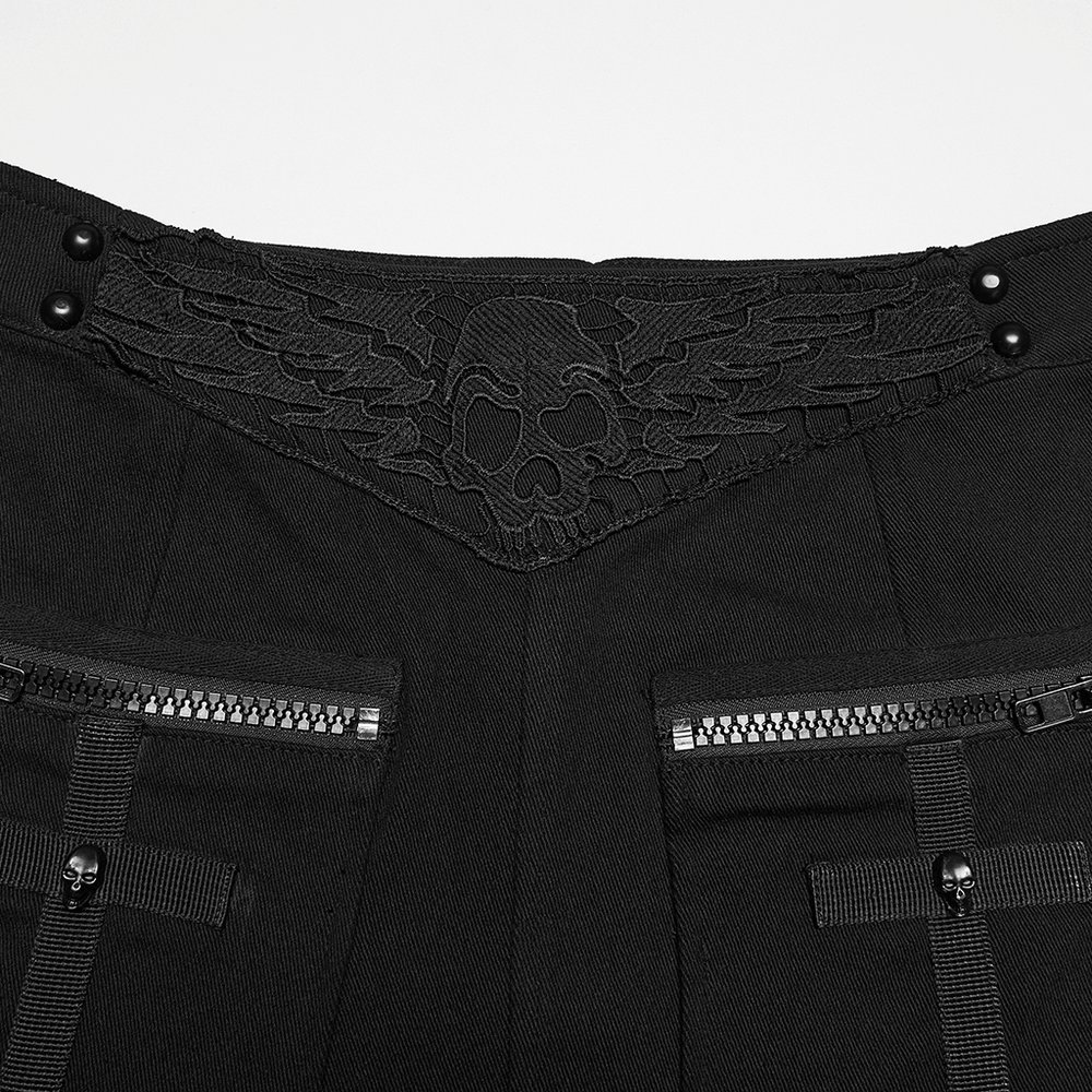 Gothic Punk Twill Mini Skirt with Zip Cargo Pockets featuring skull and wings embroidery and zippered pockets.