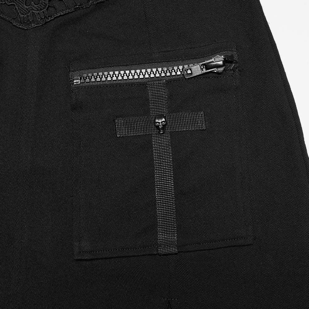 Gothic Punk Twill Mini Skirt with Zip Cargo Pockets featuring detailed metal zippered pocket and skull pull.
