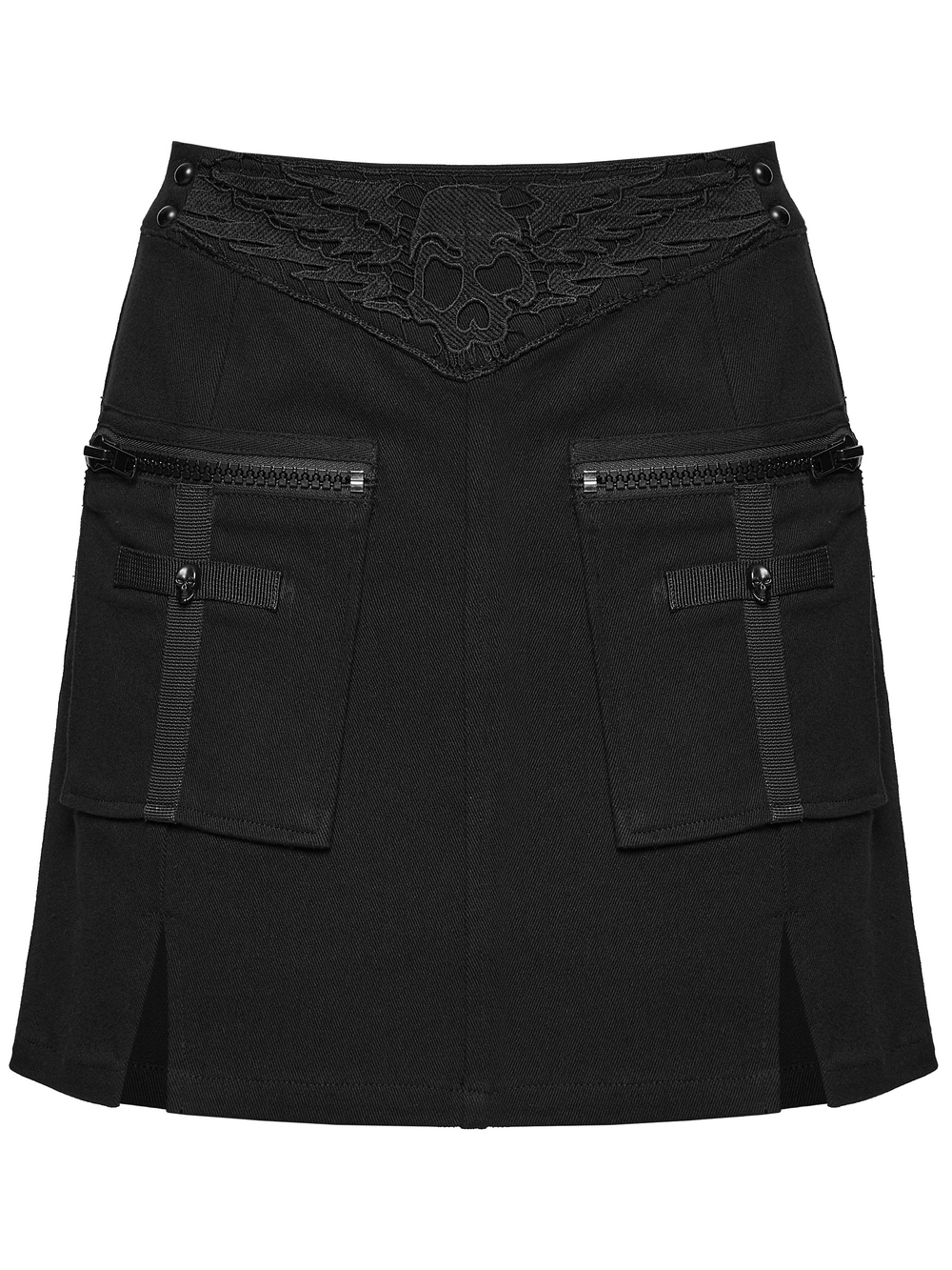 Gothic Punk Twill Mini Skirt with Zip Cargo Pockets featuring skull embroidery and side zippers.