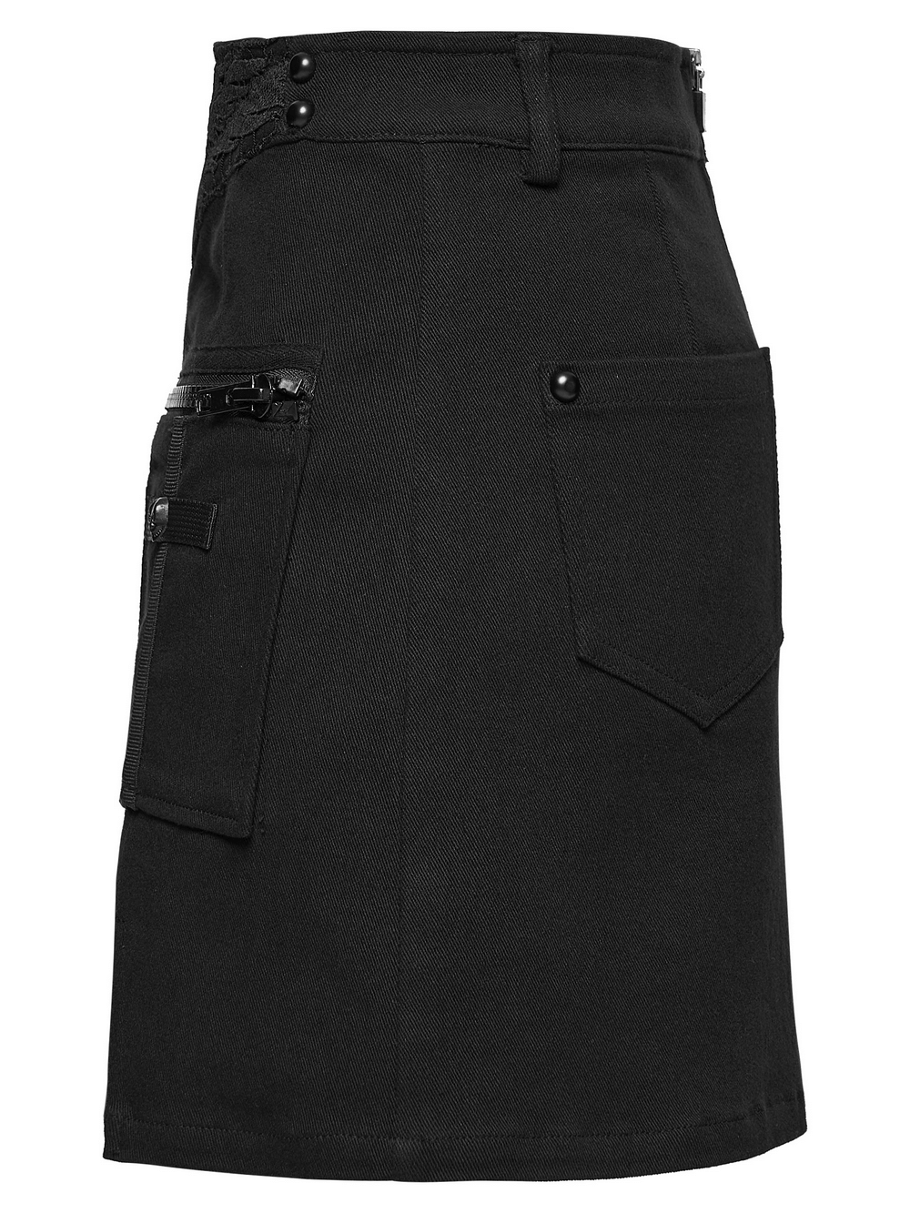 Gothic Punk Twill Mini Skirt with Zip Cargo Pockets showcasing skull embroidery and oversized side pockets.