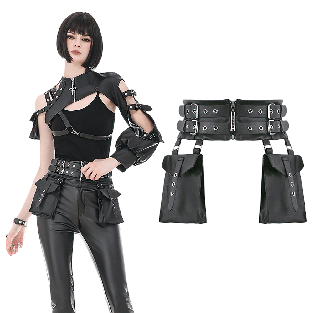 Gothic Punk Utility Waist Belt with Double Cargo Pouches in black, styled for a bold, edgy look.