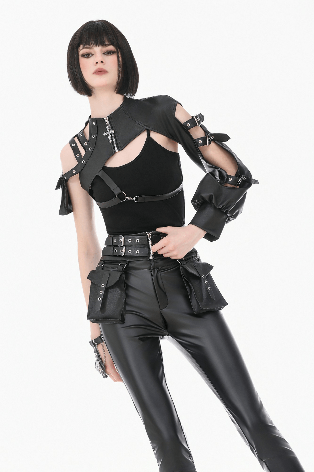 Gothic Punk Utility Waist Belt with Double Cargo Pouches stylishly worn with edgy leather outfit.