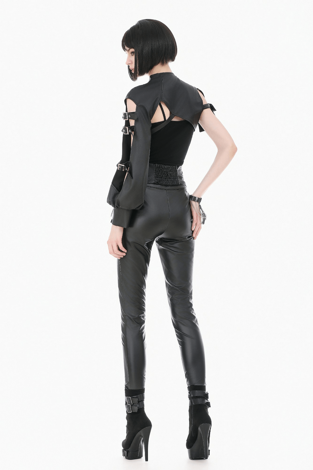 Model showcasing Gothic Punk Utility Waist Belt with Double Cargo Pouches, styled in edgy black fashion.