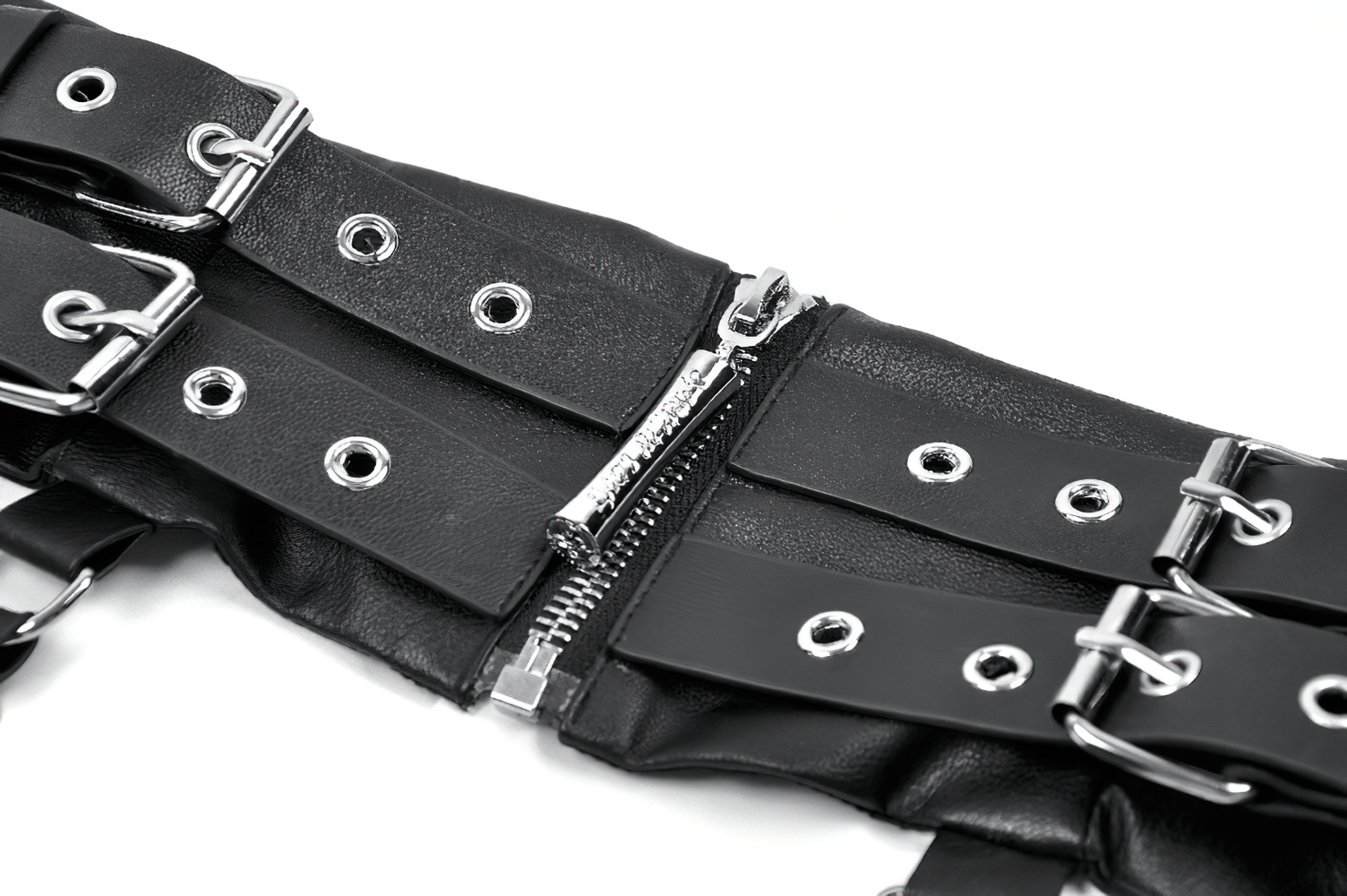 Close-up of Gothic Punk Utility Waist Belt with Double Cargo Pouches showcasing straps and zippers.