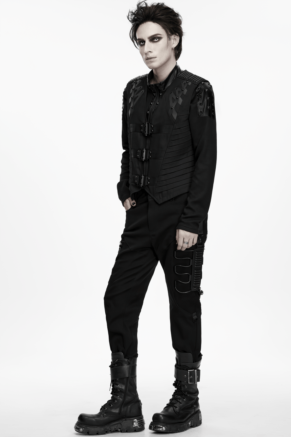 Gothic Punk Warrior Vest with Armor Shoulder Details, black industrial buckle vest with zip front and futuristic shoulder panels